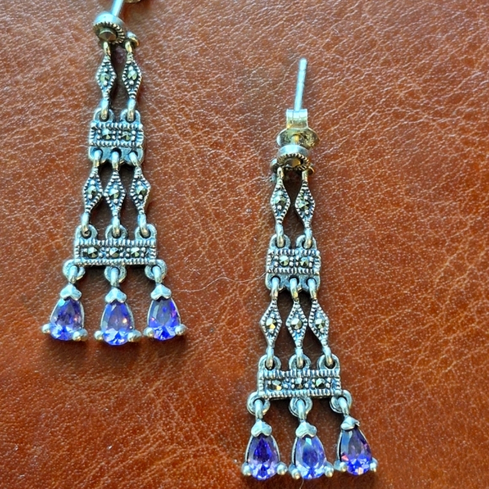 Elegant Silver Amethyst and Marcasite Dangle Earrings